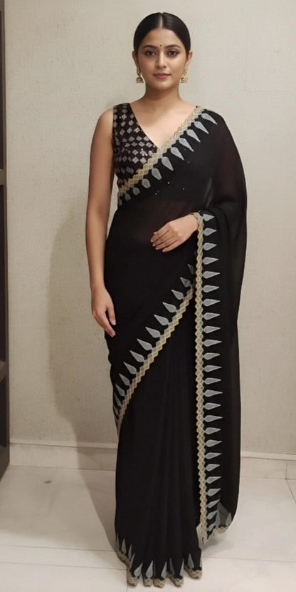 Black Saree With Contrasting Yellow And Grey Border