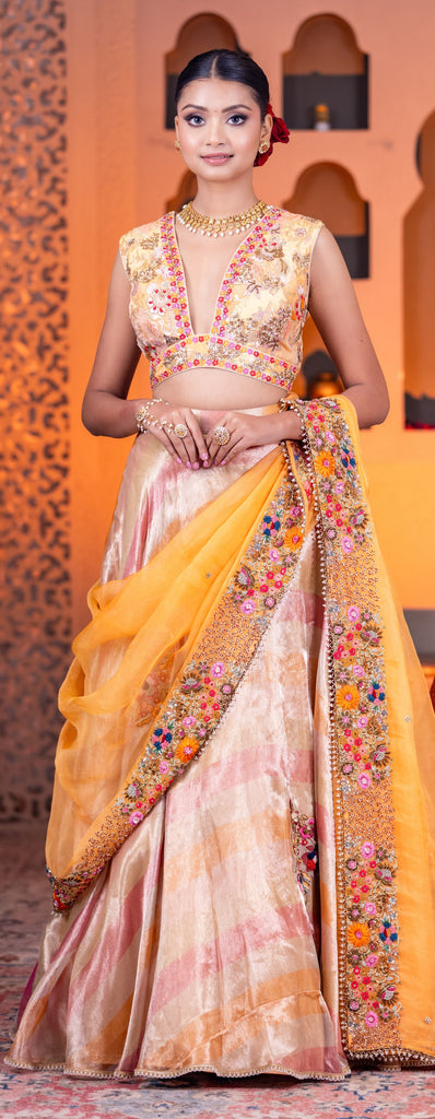 Leheriya  organza lehenga with brocade blouse and organza dupatta