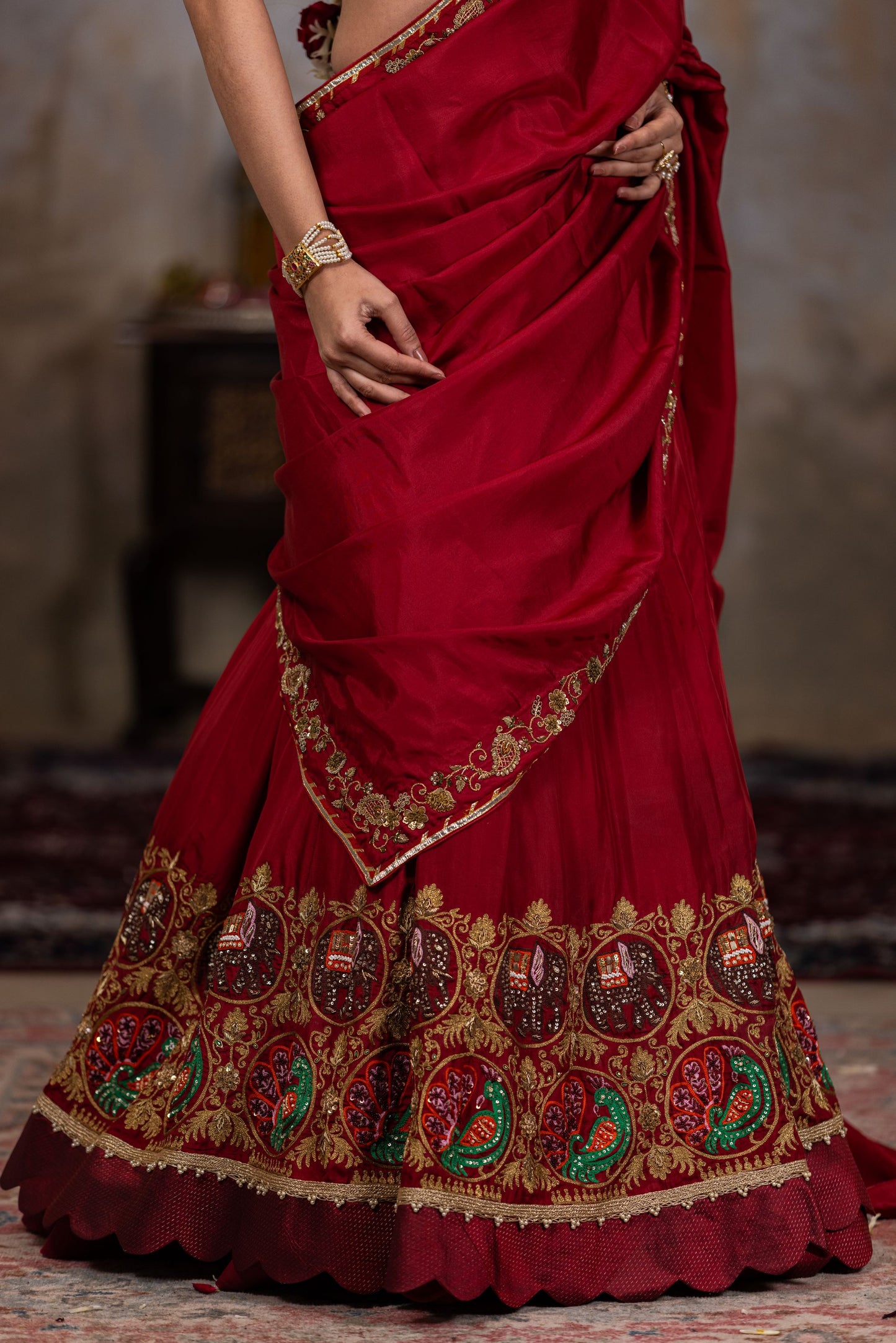 Maroon lehenga saree with velvet blouse , pallu  and  skirt