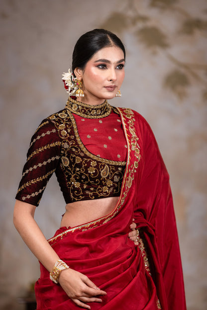 Maroon lehenga saree with velvet blouse , pallu  and  skirt