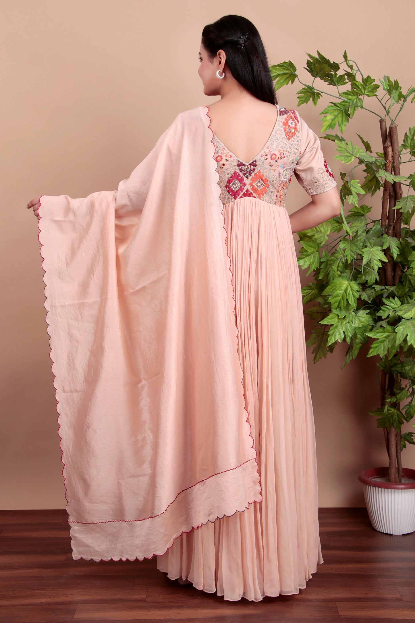 Peach anarkali with different colour patch  work embroidery with dupatta