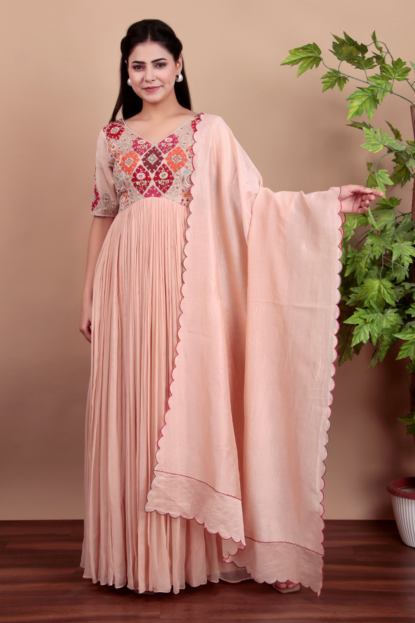 Peach anarkali with different colour patch  work embroidery with dupatta