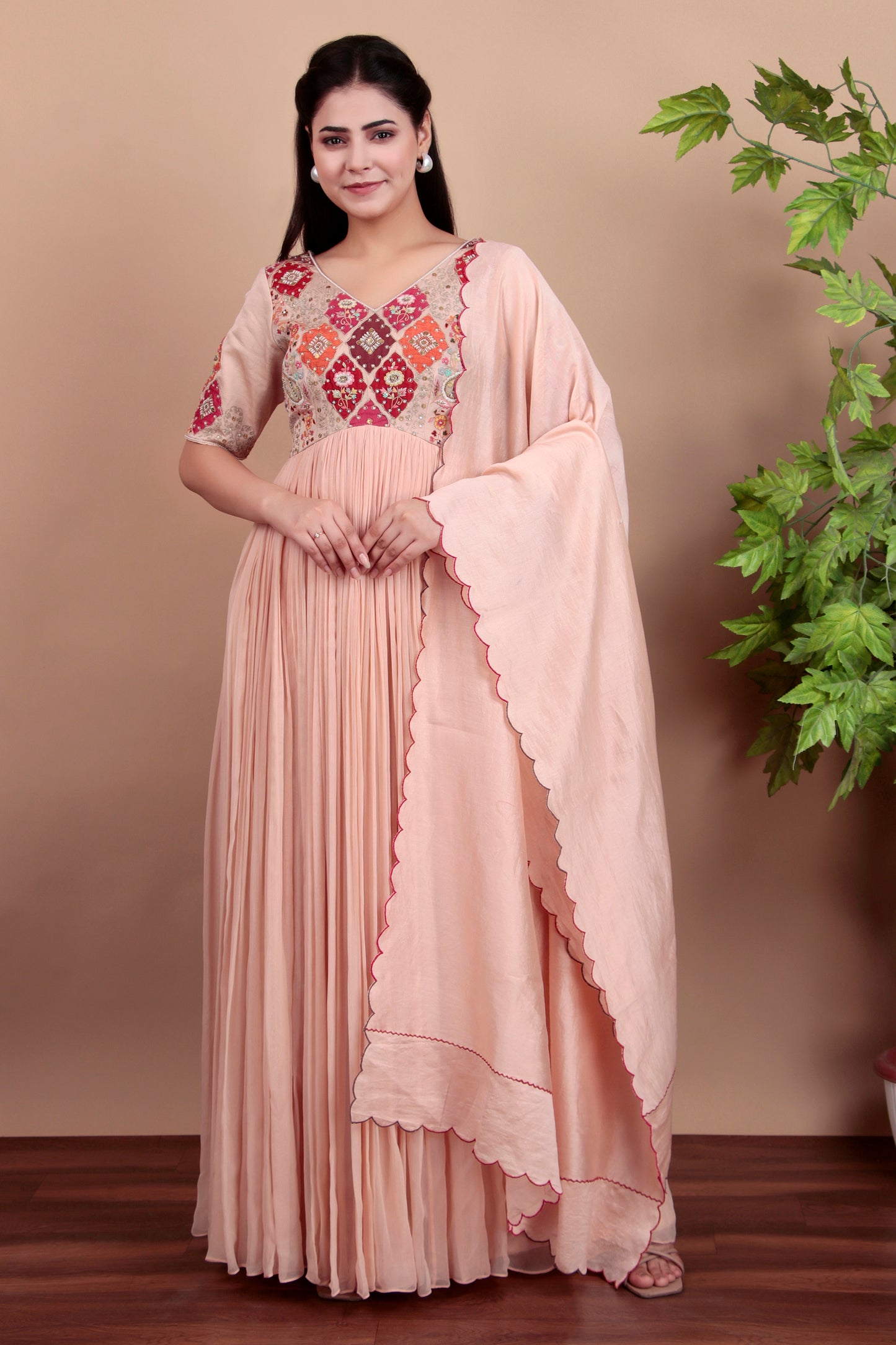 Peach anarkali with different colour patch  work embroidery with dupatta