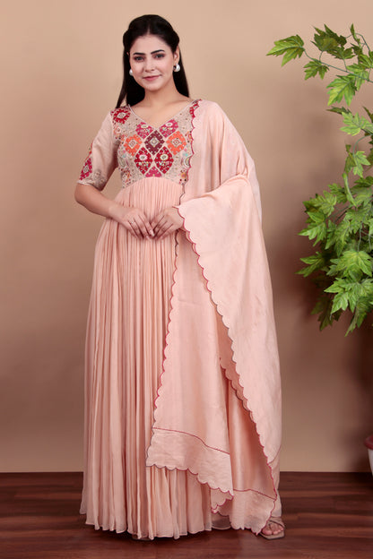 Peach anarkali with different colour patch  work embroidery with dupatta