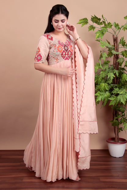 Peach anarkali with different colour patch  work embroidery with dupatta