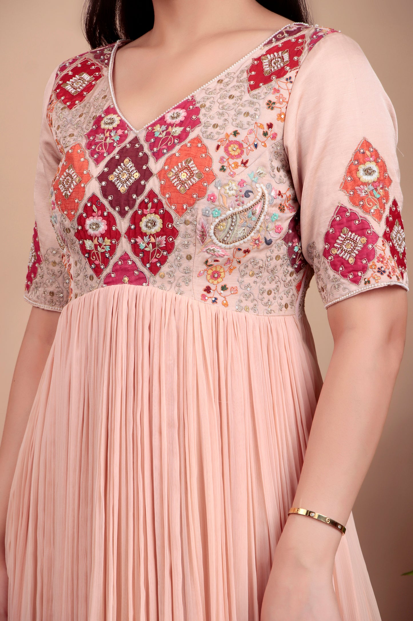 Peach anarkali with different colour patch  work embroidery with dupatta