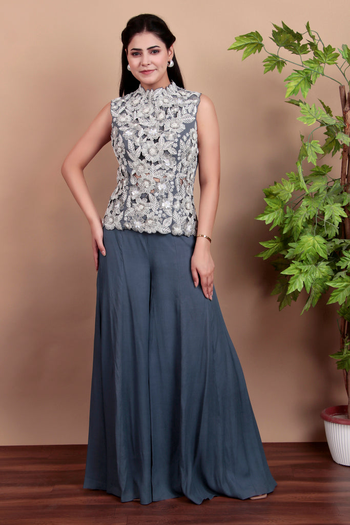 Grey 2 Pc Indowestern With Heavy Cutwork Jacket