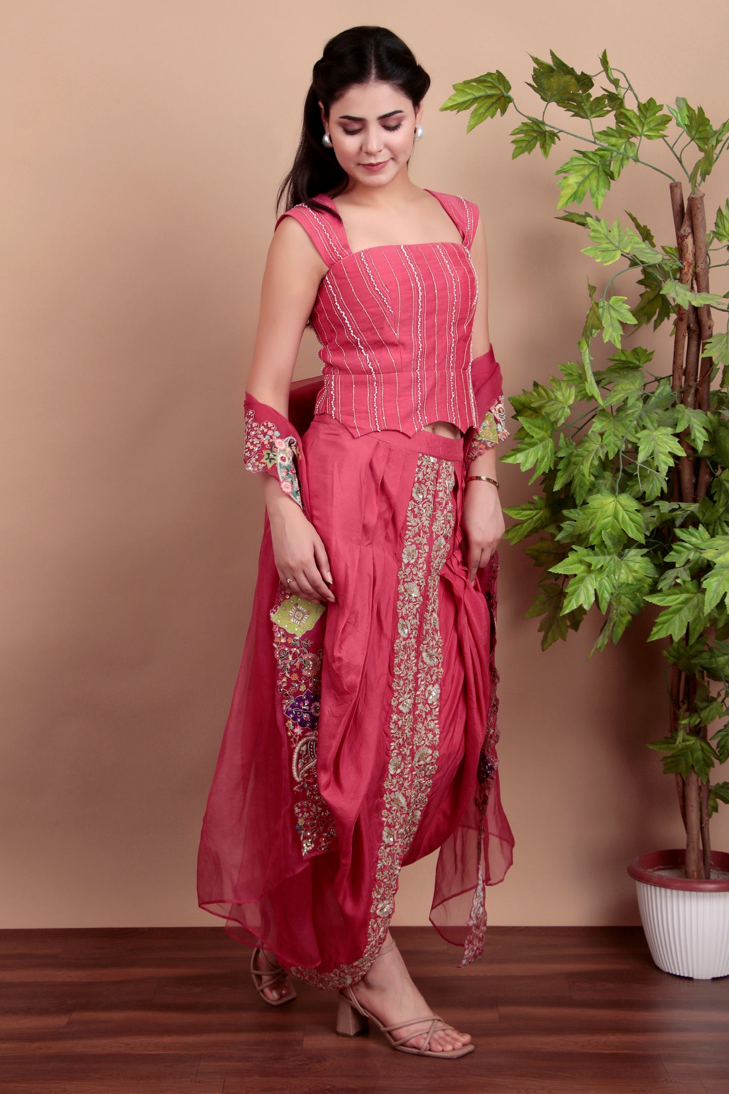 Pink Indo-Western Embroidered Blouse Set with Zari Dhoti Skirt and Organza Dupatta