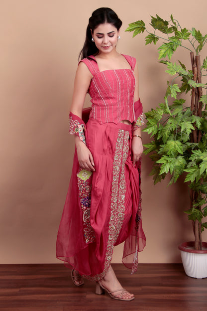 Pink Indo-Western Embroidered Blouse Set with Zari Dhoti Skirt and Organza Dupatta