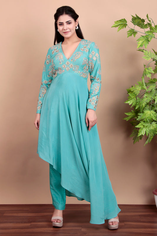 Aqua blue  high low  anarkali  with full sleeve yoke and pant