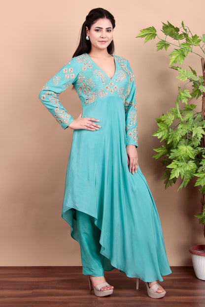 Aqua blue  high low  anarkali  with full sleeve yoke and pant