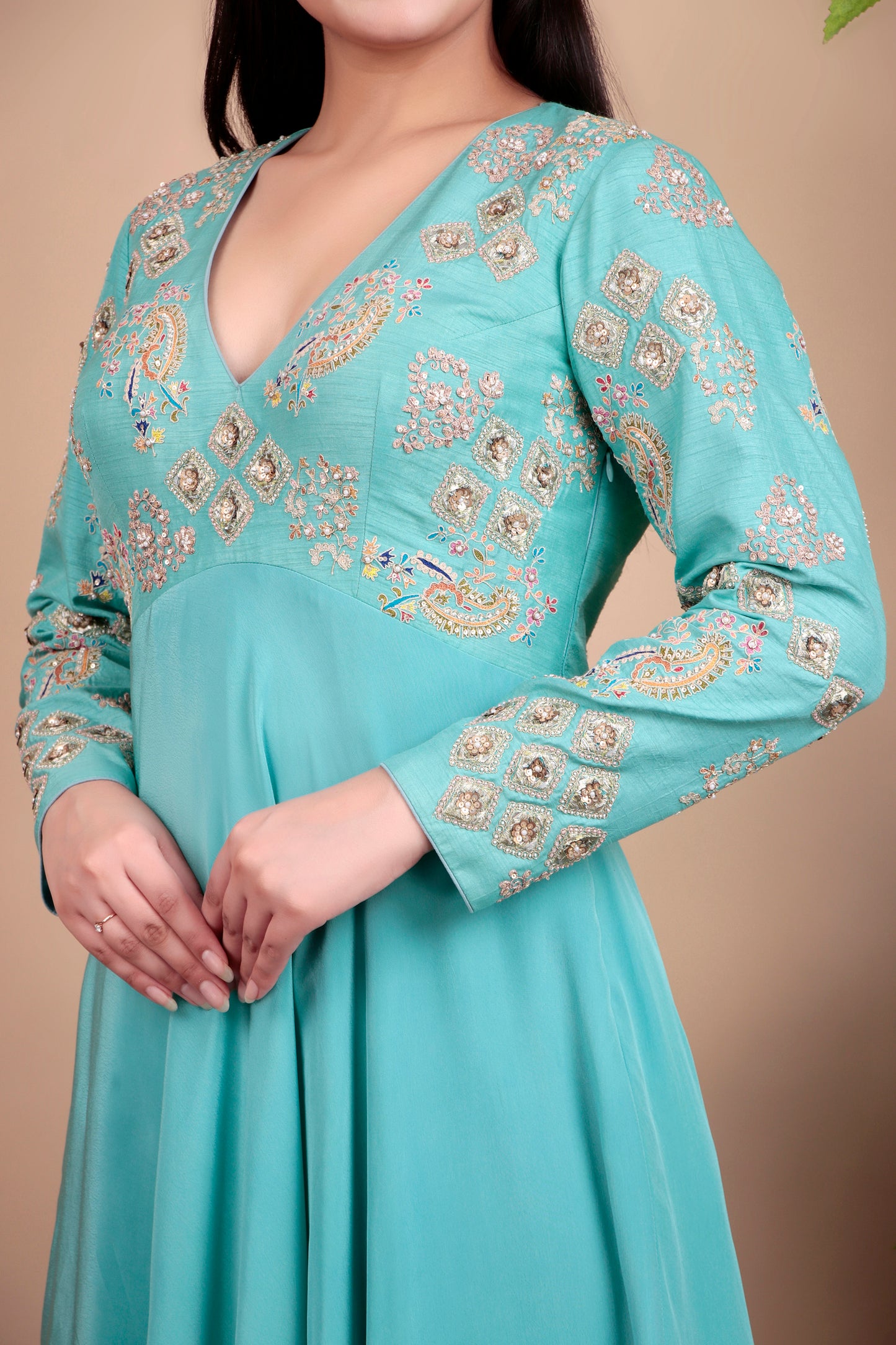 Aqua blue  high low  anarkali  with full sleeve yoke and pant