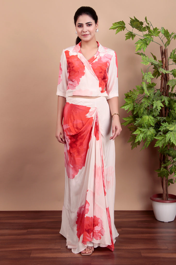 Pink Skirt Dhoti Indowestern With Collar Top