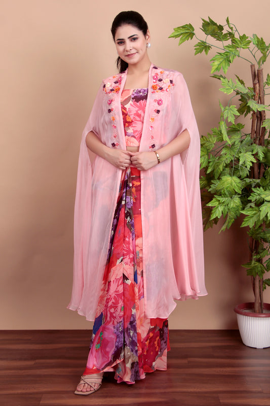 A vibrant multicolor floral printed Indo-western set