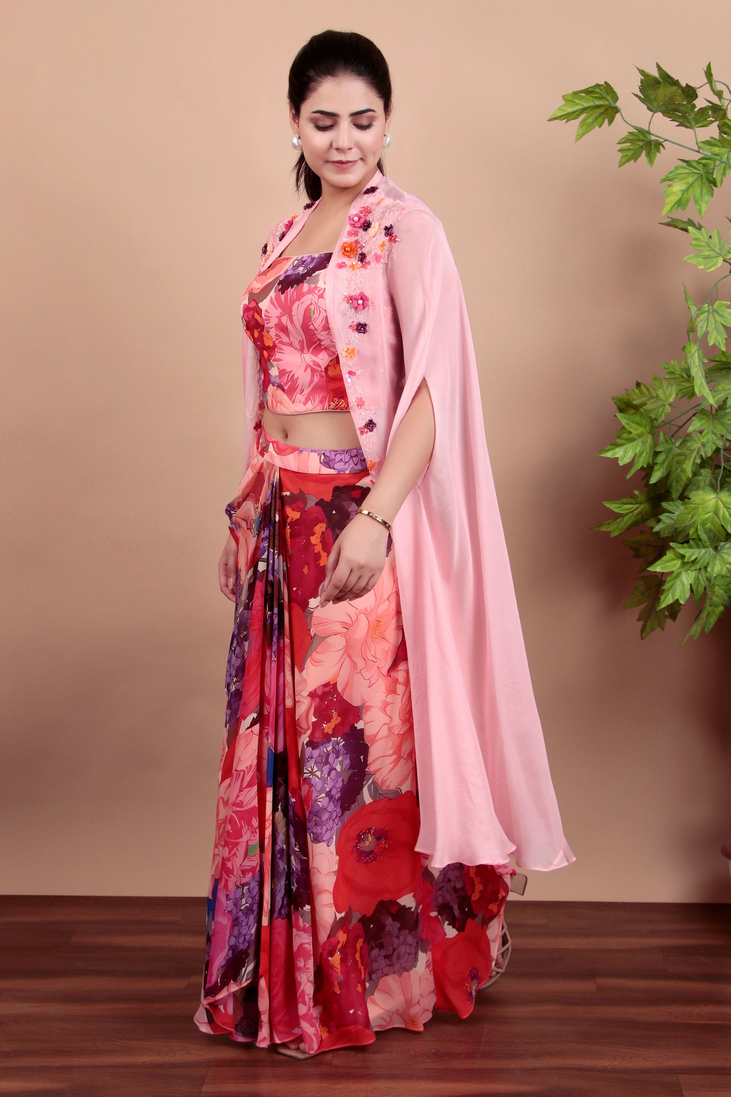 A vibrant multicolor floral printed Indo-western set