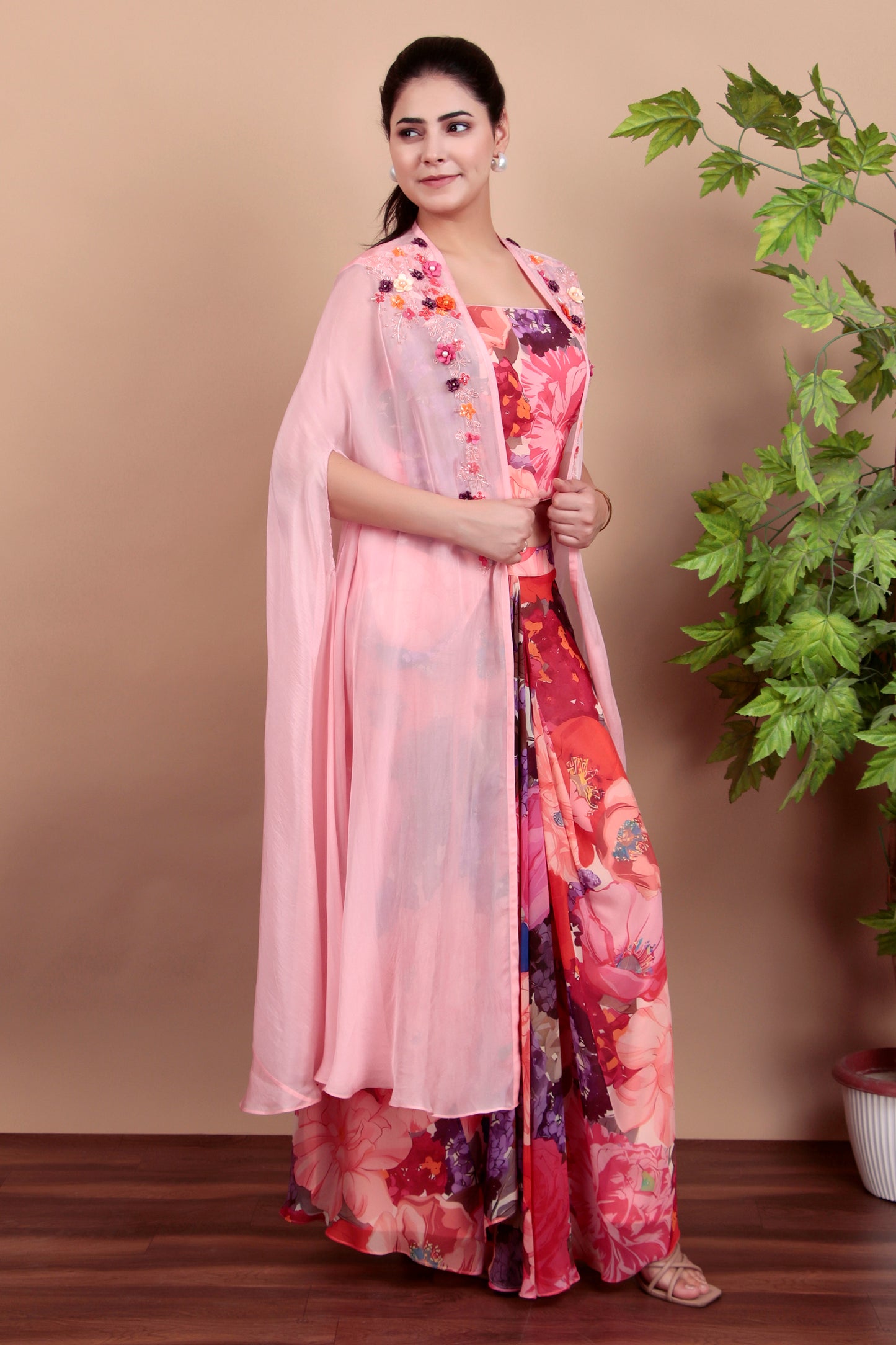 A vibrant multicolor floral printed Indo-western set