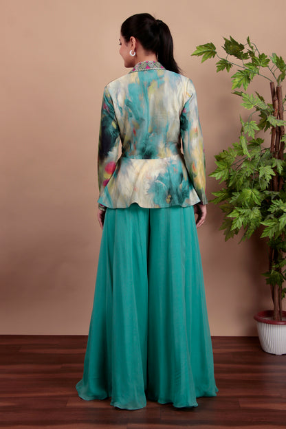 Aqua Peplum Heavy Collar Indowestern