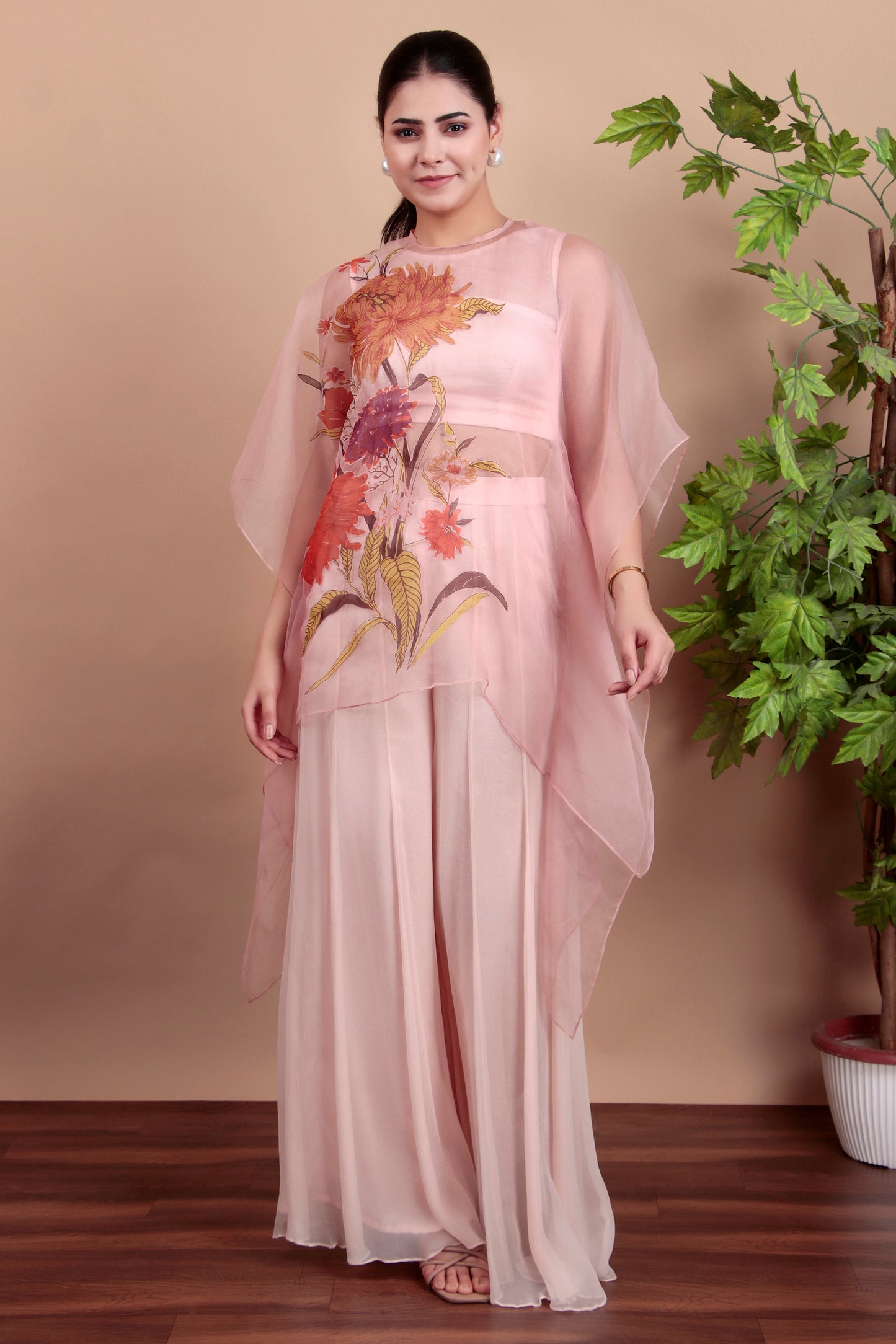 Pastel Pink Indo-Western Palazzo Set with Floral Organza Top