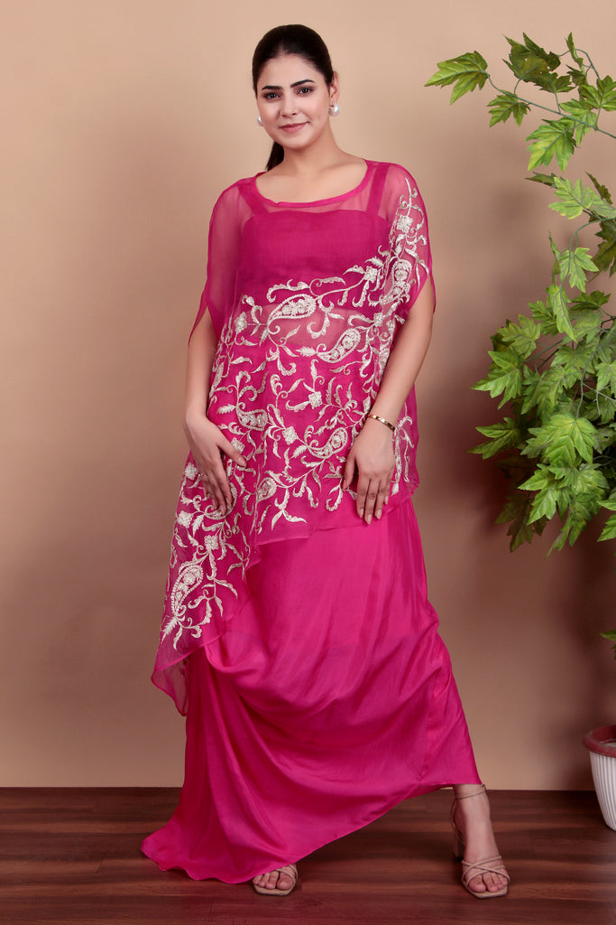 Magenta Drape Dhoti With Kaftan Style Cape Indowestern