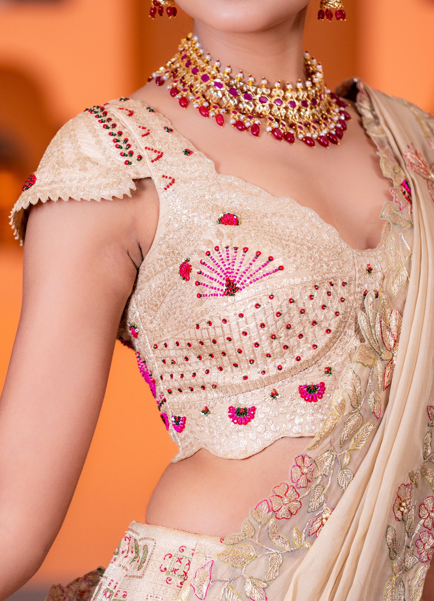 Beige heavy border  handwork lehenga with heavy work blouse & organza dupatta