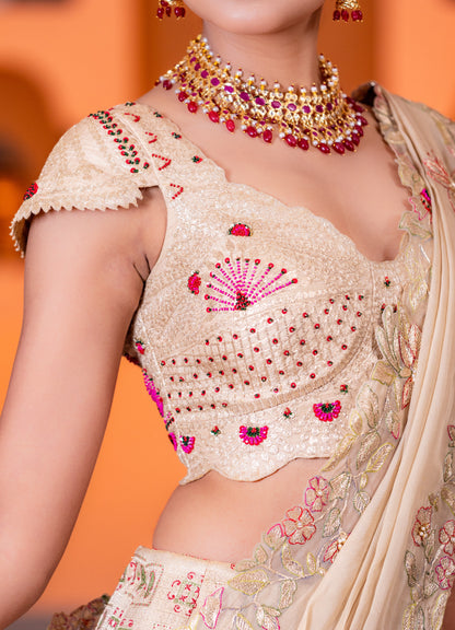 Beige heavy border  handwork lehenga with heavy work blouse & organza dupatta