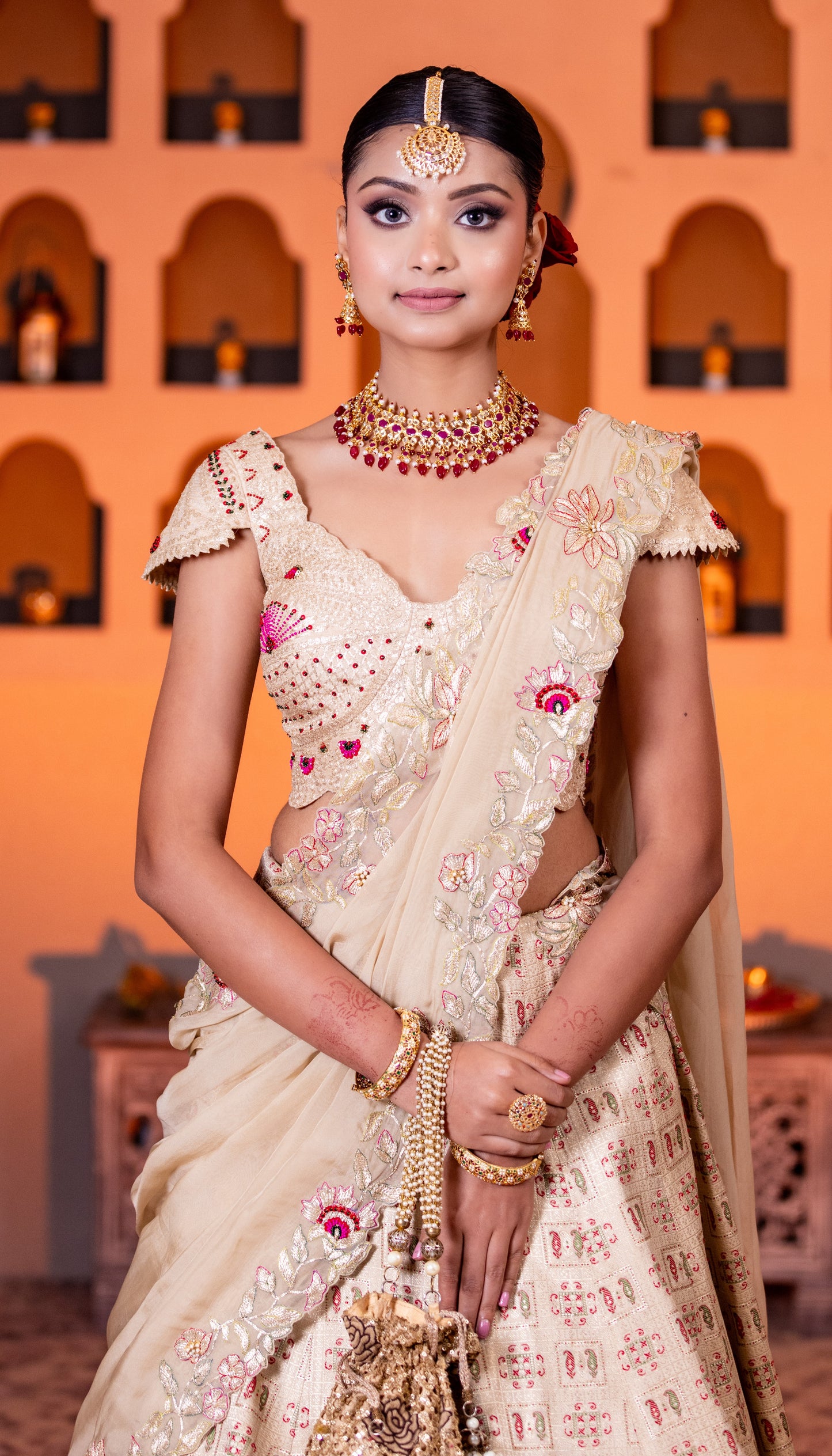 Beige heavy border  handwork lehenga with heavy work blouse & organza dupatta