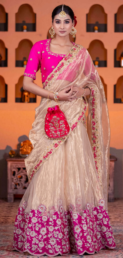 golden lehenga saree with magenta  border and contrast blouse