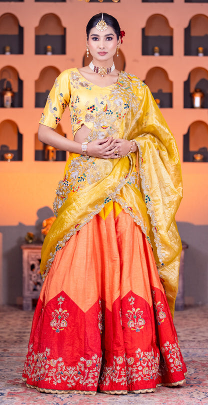 Tissue Duppatta & dupion Lehenga trio Clr with thread n Cardozo work with beautiful blouse