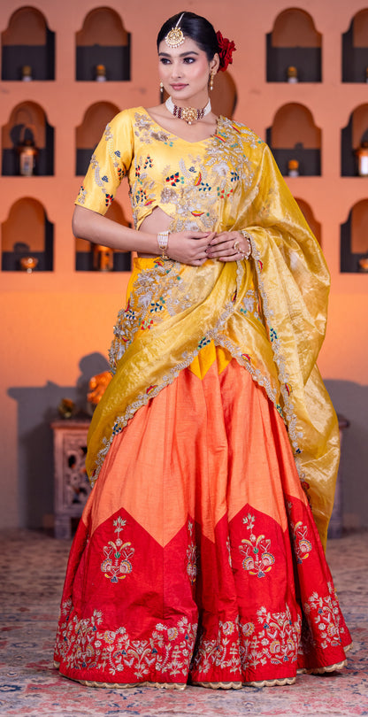 Tissue Duppatta & dupion Lehenga trio Clr with thread n Cardozo work with beautiful blouse
