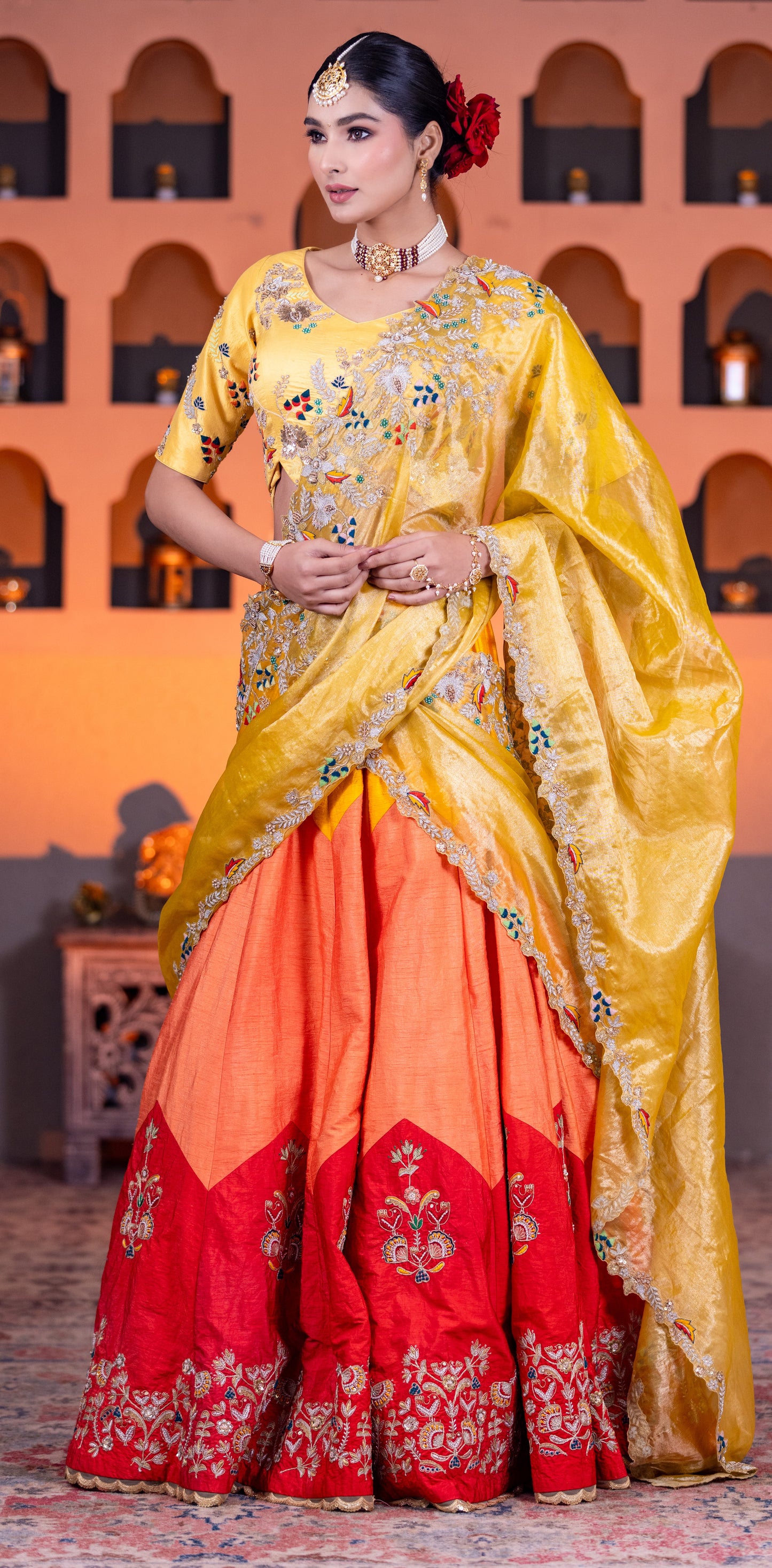 Tissue Duppatta & dupion Lehenga trio Clr with thread n Cardozo work with beautiful blouse
