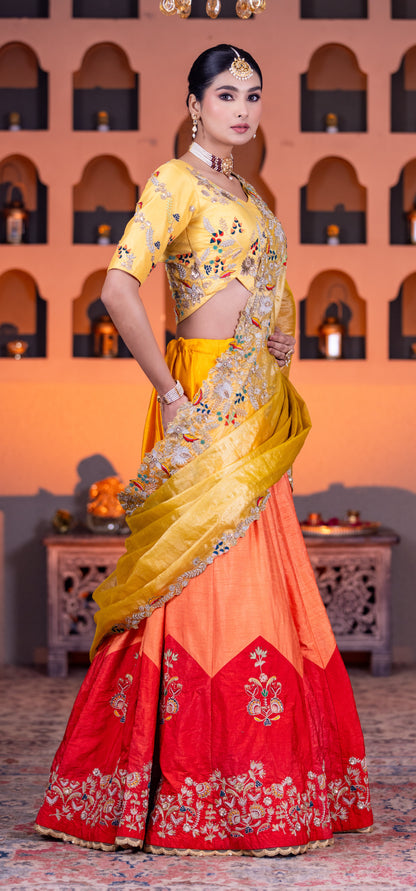 Tissue Duppatta & dupion Lehenga trio Clr with thread n Cardozo work with beautiful blouse