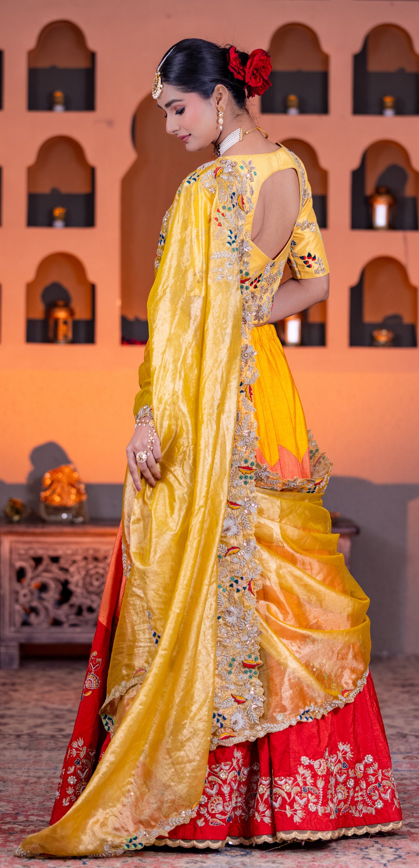 Tissue Duppatta & dupion Lehenga trio Clr with thread n Cardozo work with beautiful blouse