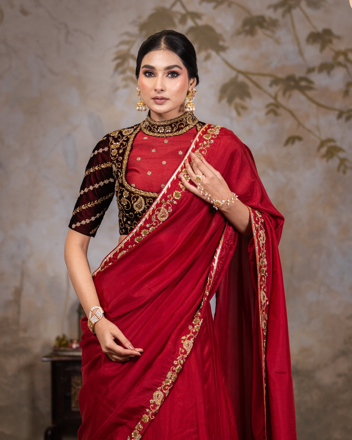 Maroon lehenga saree with velvet blouse , pallu  and  skirt
