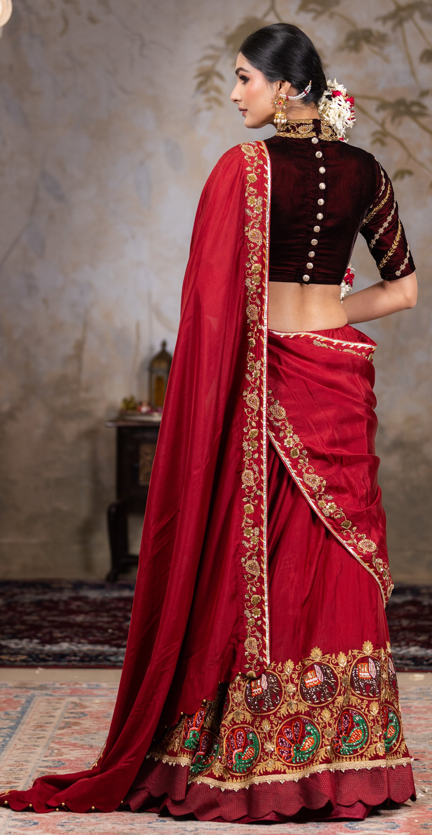 Maroon lehenga saree with velvet blouse , pallu  and  skirt