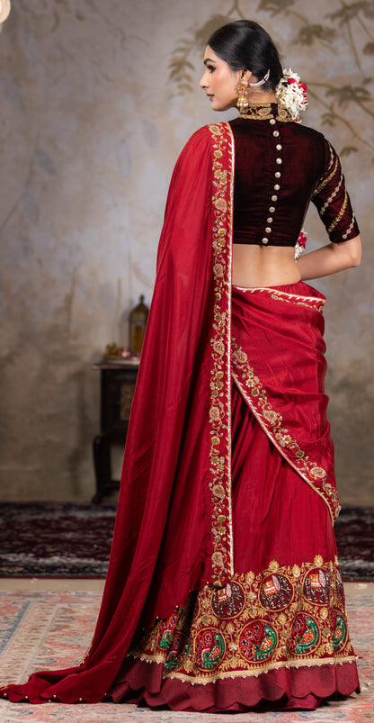 Maroon lehenga saree with velvet blouse , pallu  and  skirt