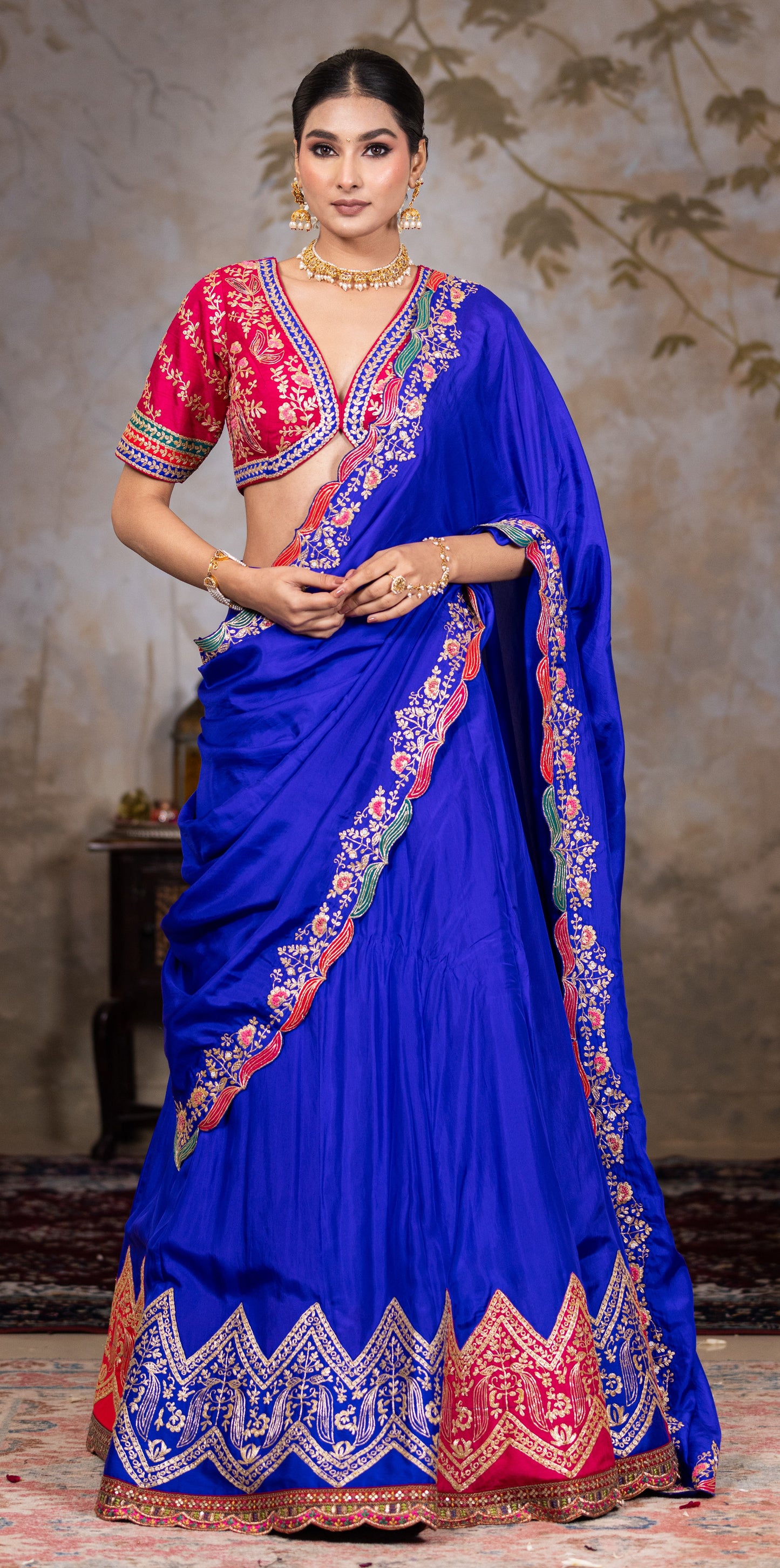 Royal blue lehenga saree with different shade  border on Pallu  with contrast magenta  blouse