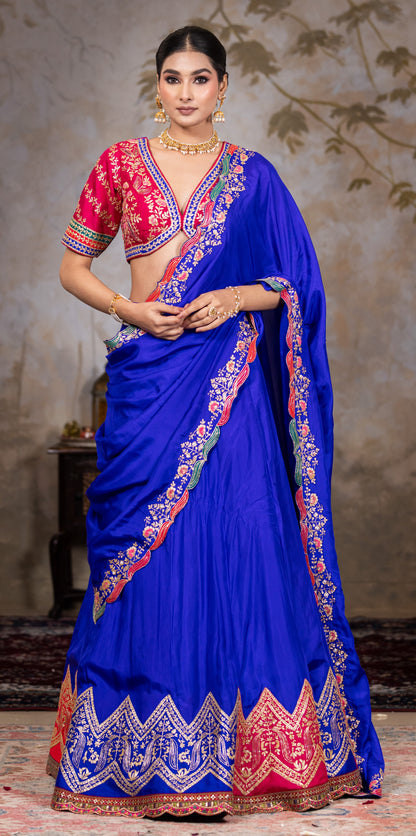 Royal blue lehenga saree with different shade  border on Pallu  with contrast magenta  blouse