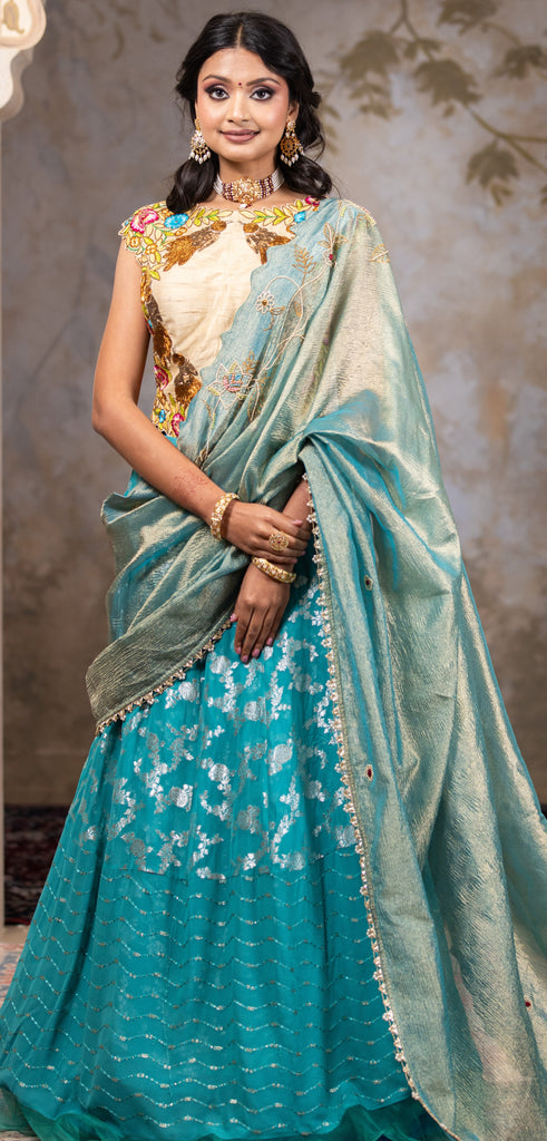 Firozi lehenga saree  with off white long blouse