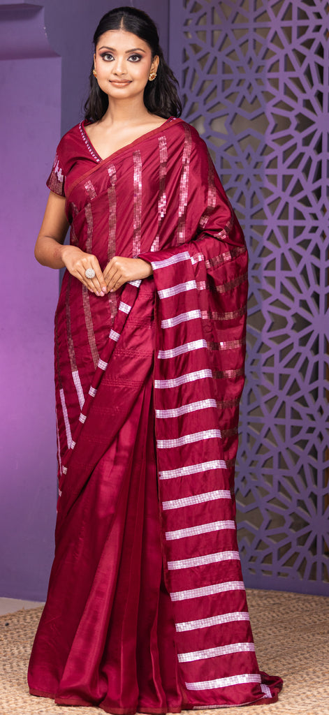 Wine normal saree with heavy sequence handwork on pallu and blouse