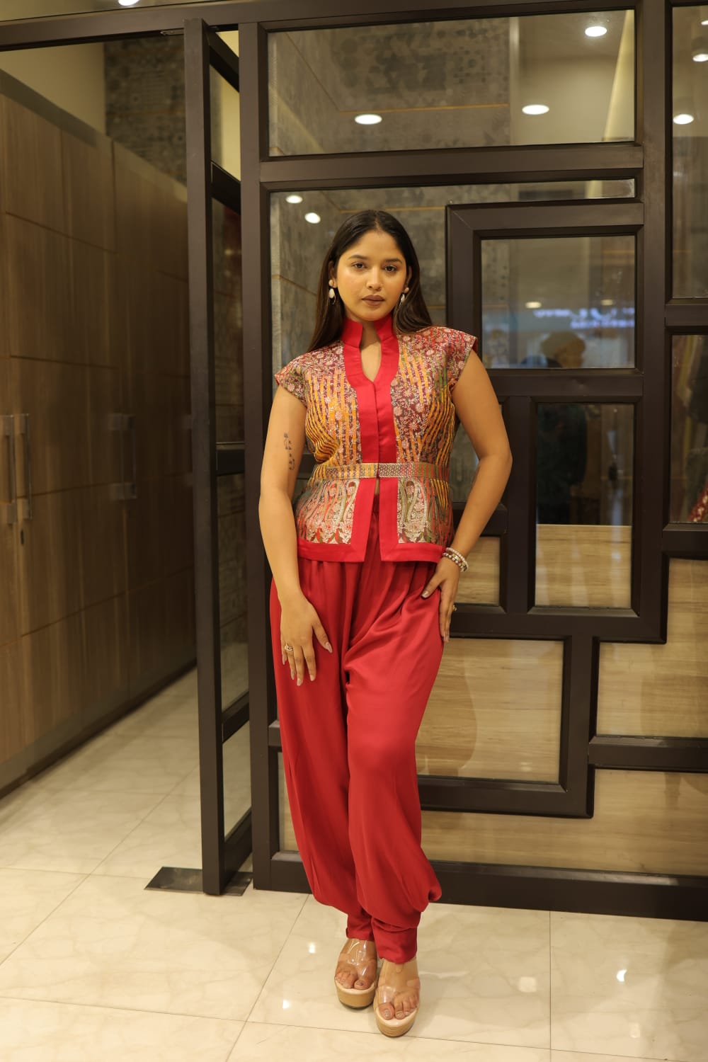 Ethnic Red Brocade Peplum Co-ord set