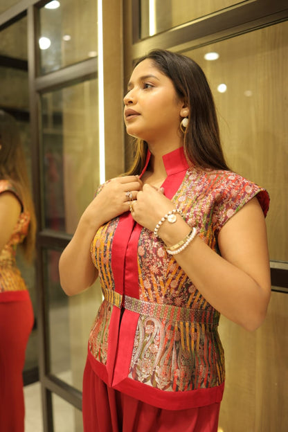 Ethnic Red Brocade Peplum Co-ord set