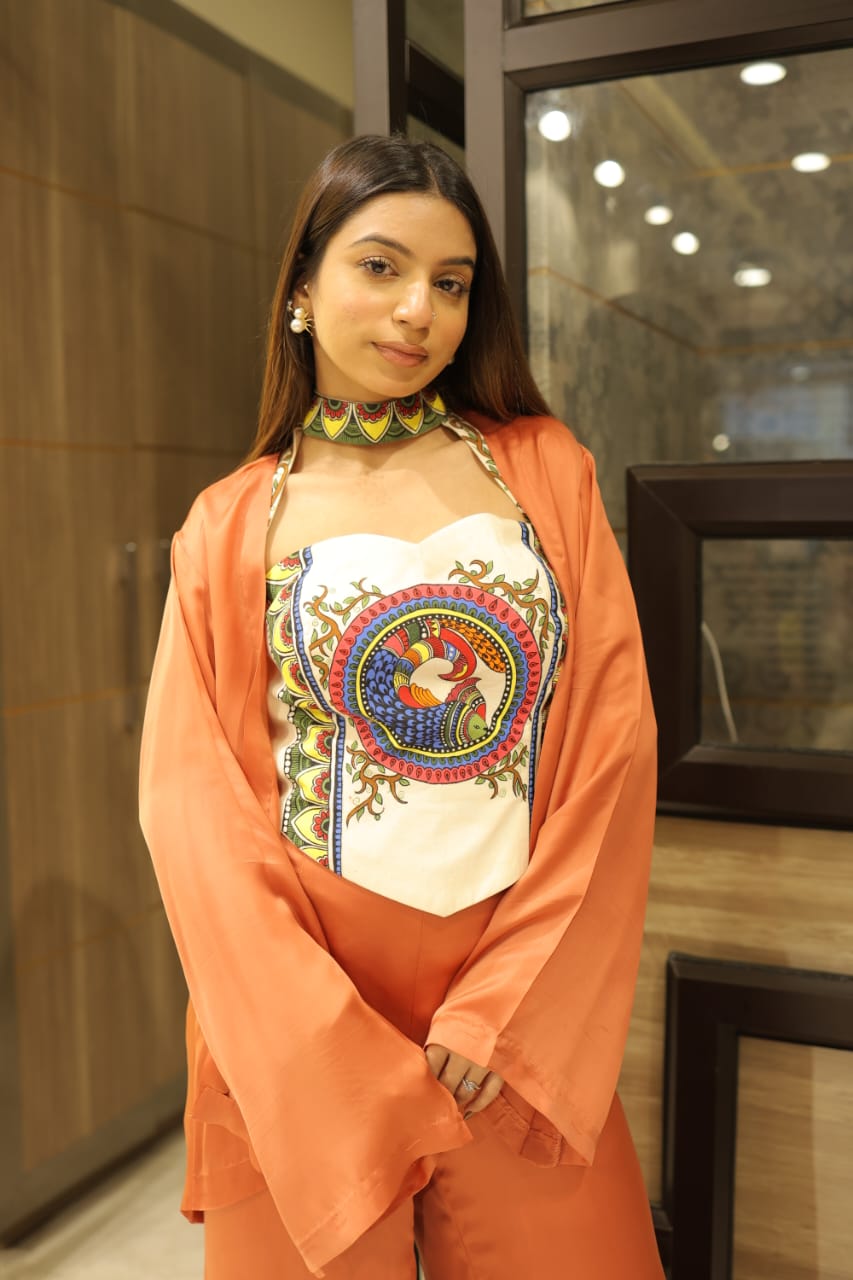 Rust Orange Madhubani Motif Modal Satin Fusion Co-ord Set