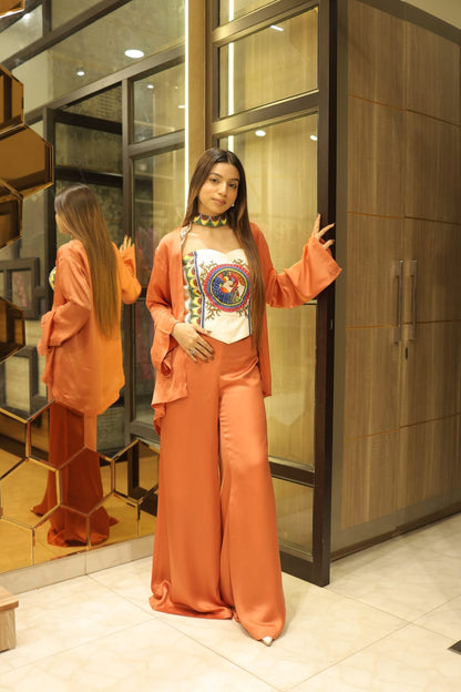 Rust Orange Madhubani Motif Modal Satin Fusion Co-ord Set