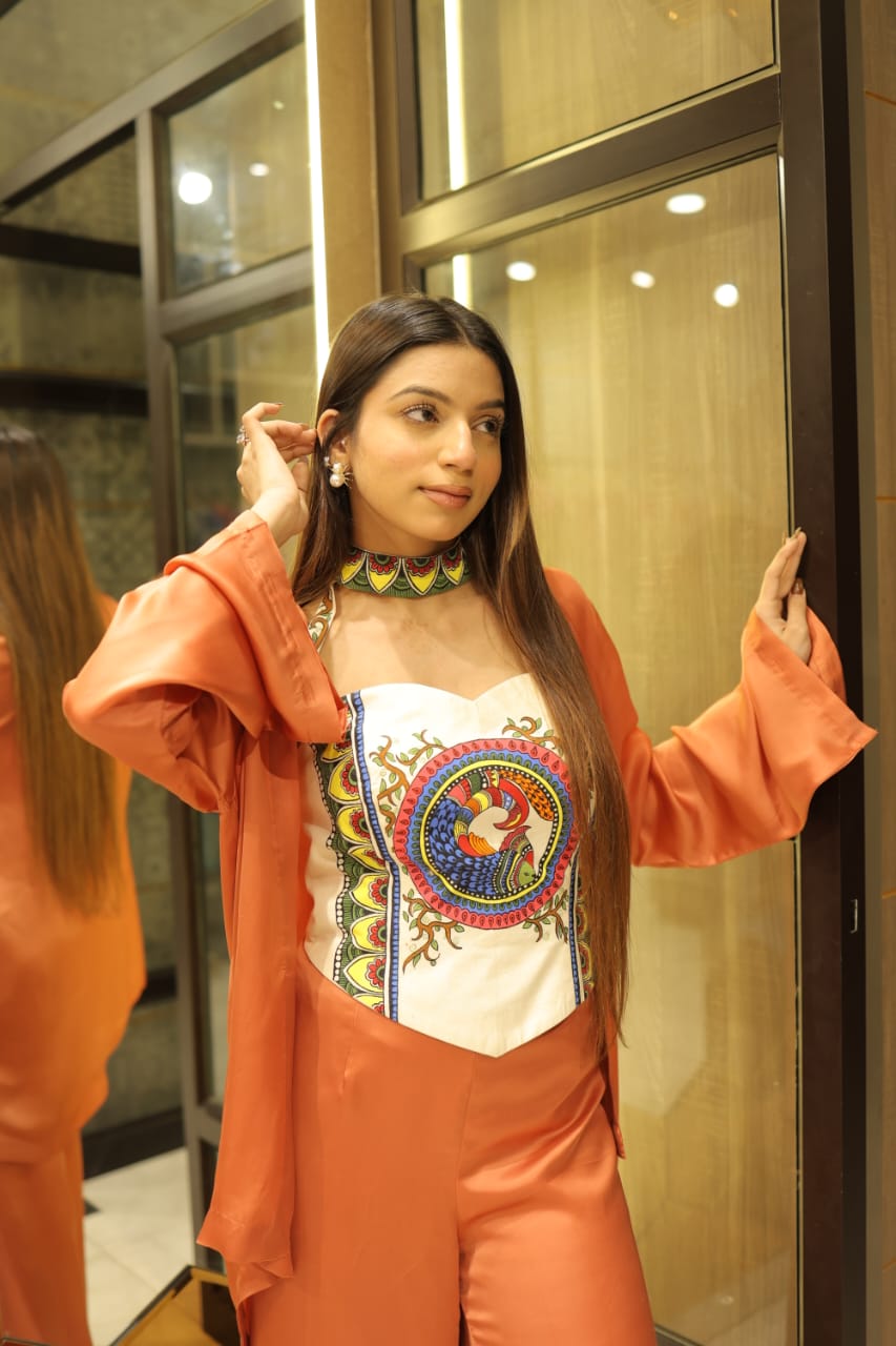 Rust Orange Madhubani Motif Modal Satin Fusion Co-ord Set