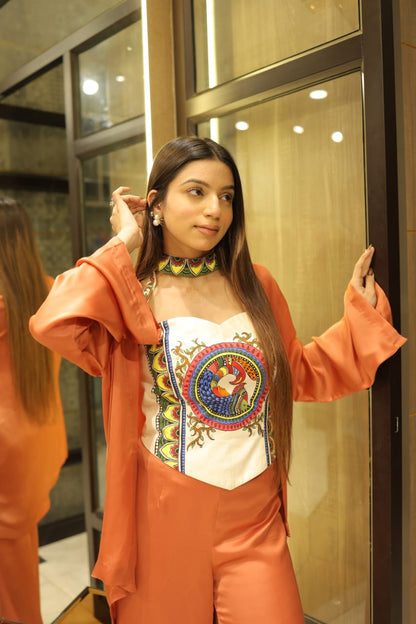 Rust Orange Madhubani Motif Modal Satin Fusion Co-ord Set