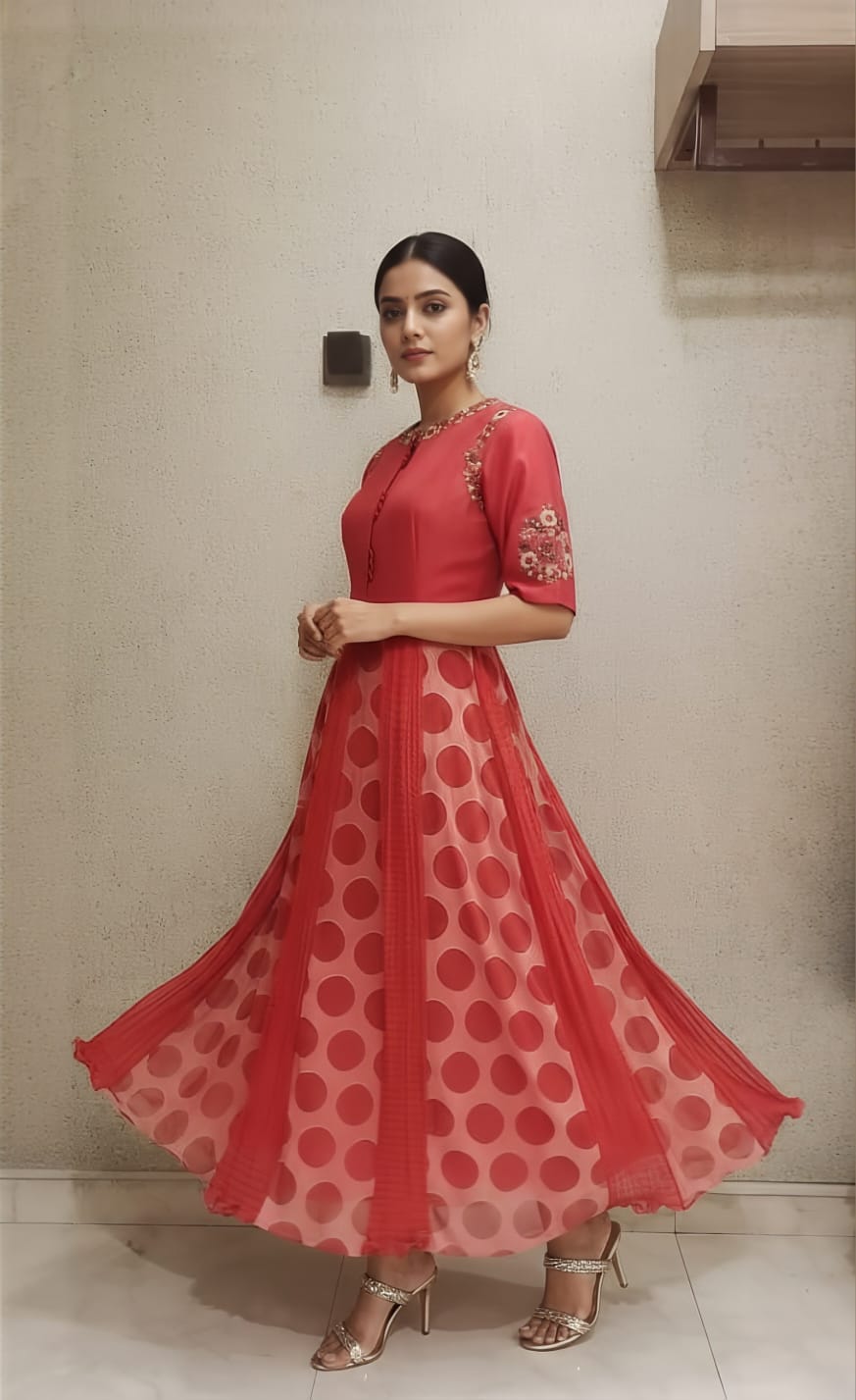 Red Silk Georgette Embroidered Outfit with Pearl and Thread Detailing