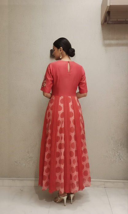 Red Silk Georgette Embroidered Outfit with Pearl and Thread Detailing