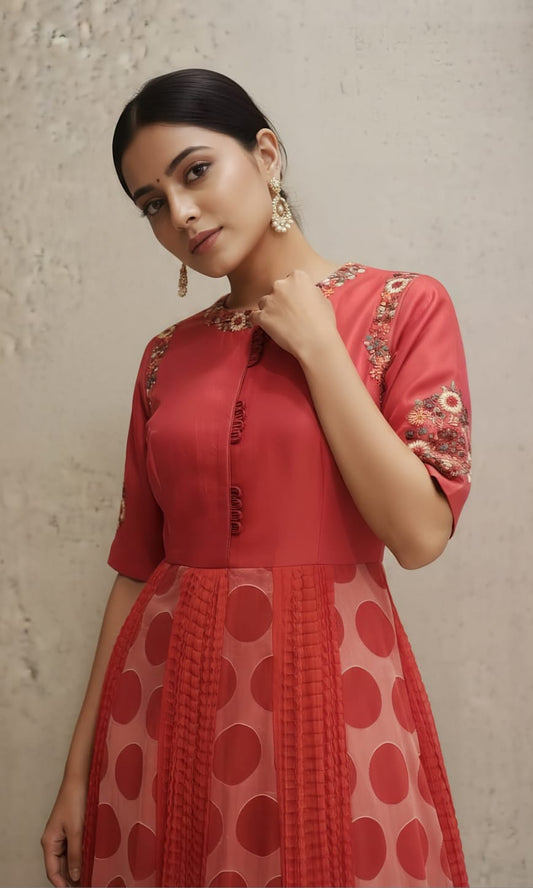 Red Silk Georgette Embroidered Outfit with Pearl and Thread Detailing