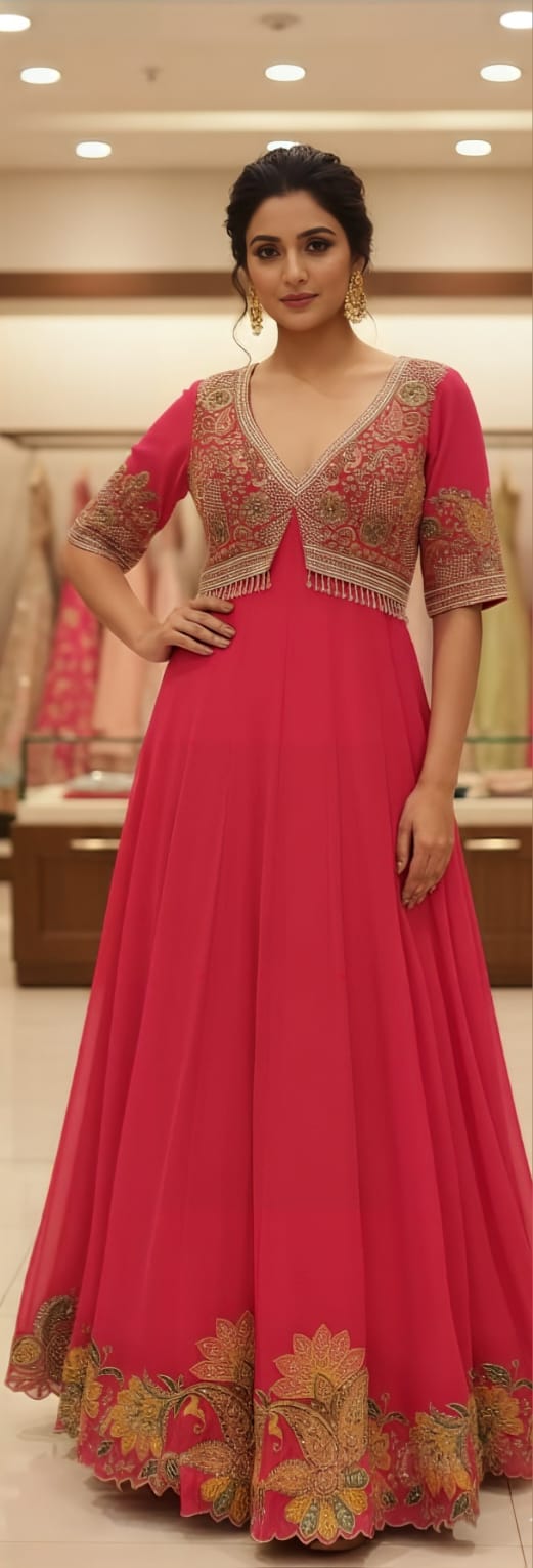 Designer Carrot Shade Heavy Work Anarkali Dress