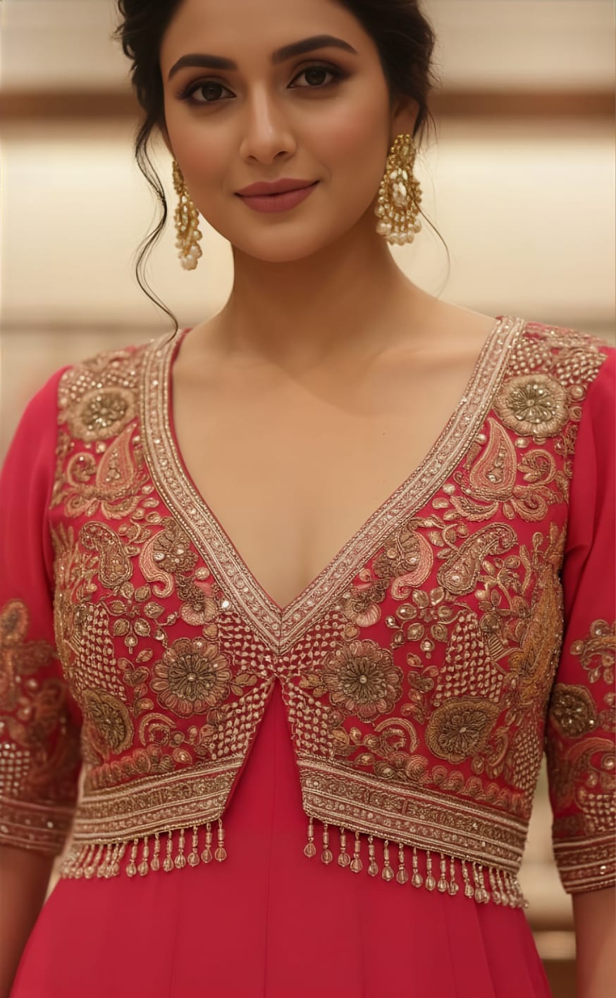 Designer Carrot Shade Heavy Work Anarkali Dress